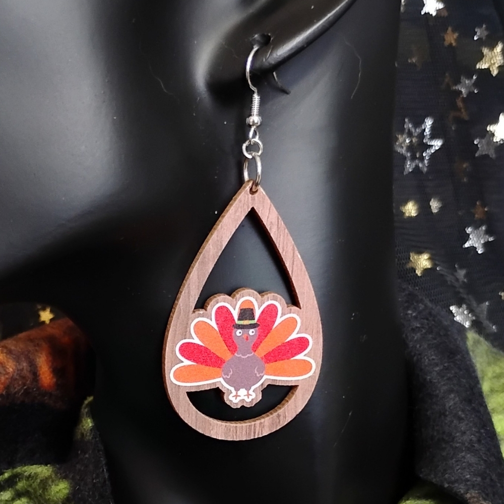 GROOVY GLAM Handmade Wooden Lazer Cutout Autumn Thanksgiving Turkey Earrings